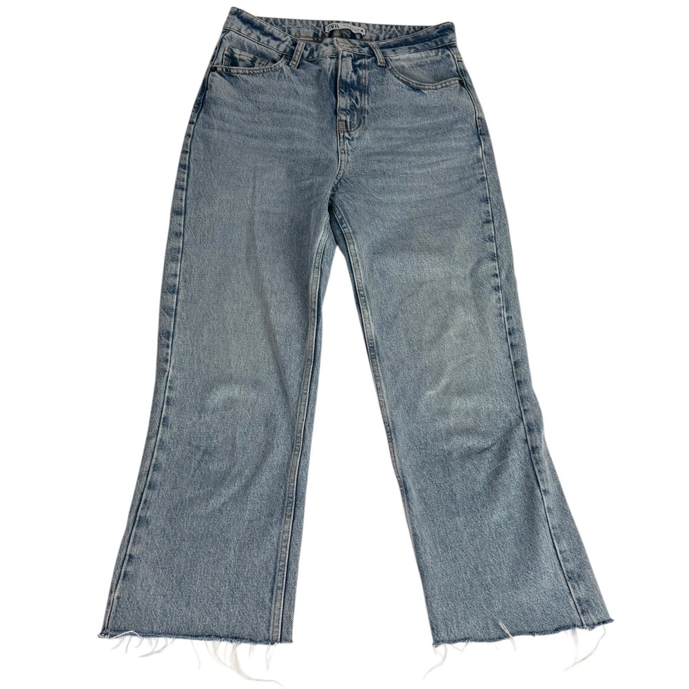 Zara High Waisted‎ Straight Leg Jeans Light Wash Raw Hem Blue USA 4 26